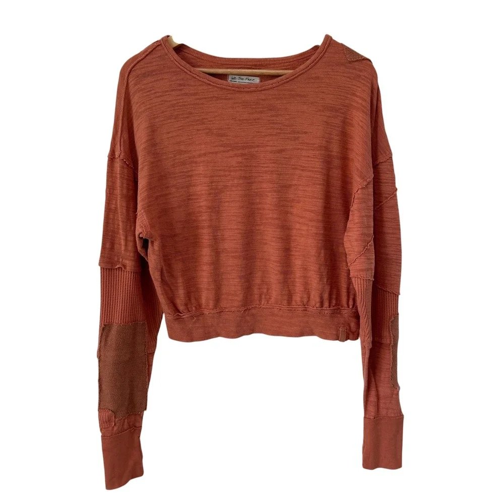 Free People 5 Star Tee XS Patchwork Slub Knit Thumbholes Orange Boho Gorpcore